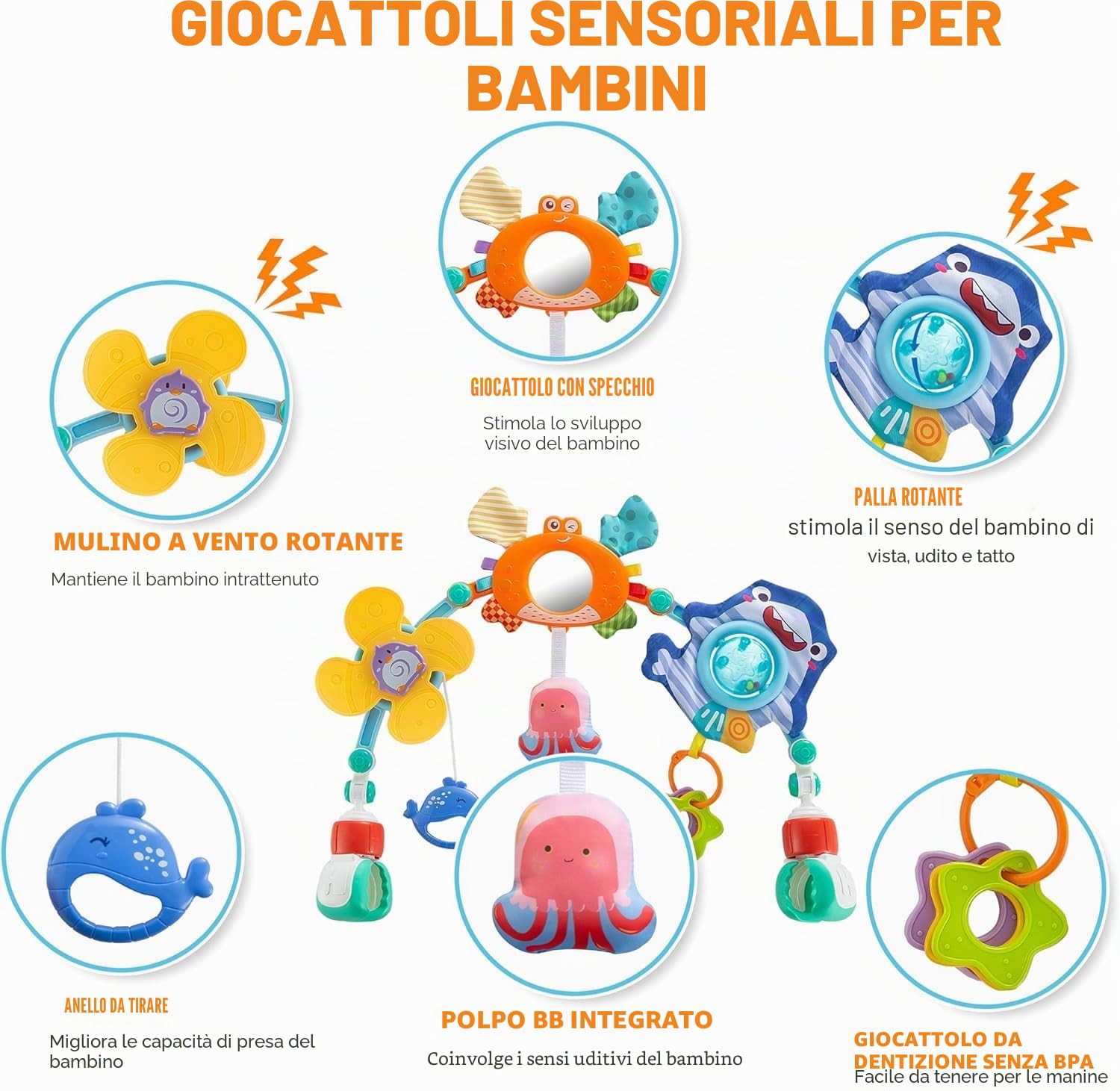 Arco Passeggino, Gioco Passeggino Neonato, Arco da Viaggio per Culla con Sonaglio, Regolabile e Pieghevole, Giocattoli Sensoriali per Buttafuori, seggiolino Auto (Arancia)
