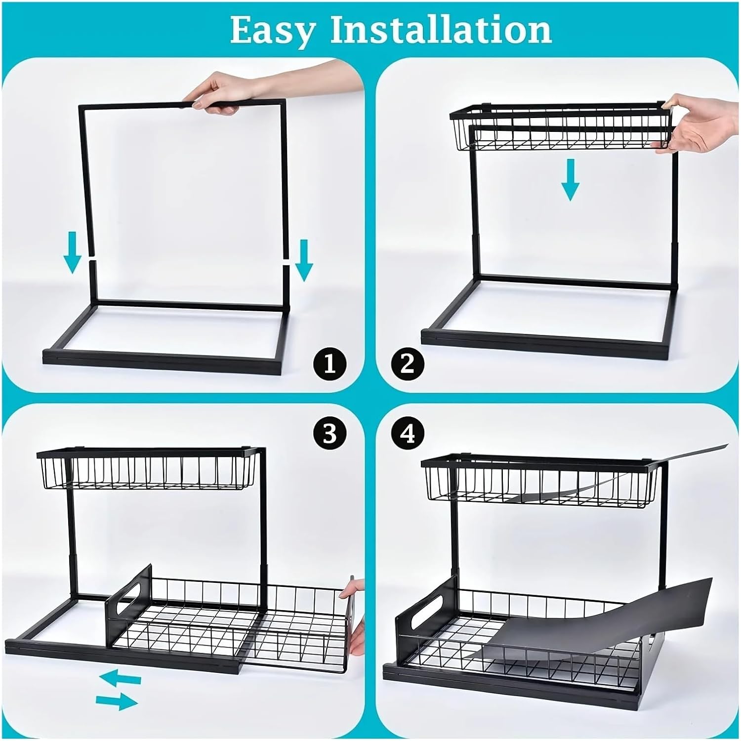 Pull-Out Under Sink Organizer, 2-Tier Slide Out Cabinet Shelf, Adjustable Storage Rack For Kitchen And Bathroom(Black)