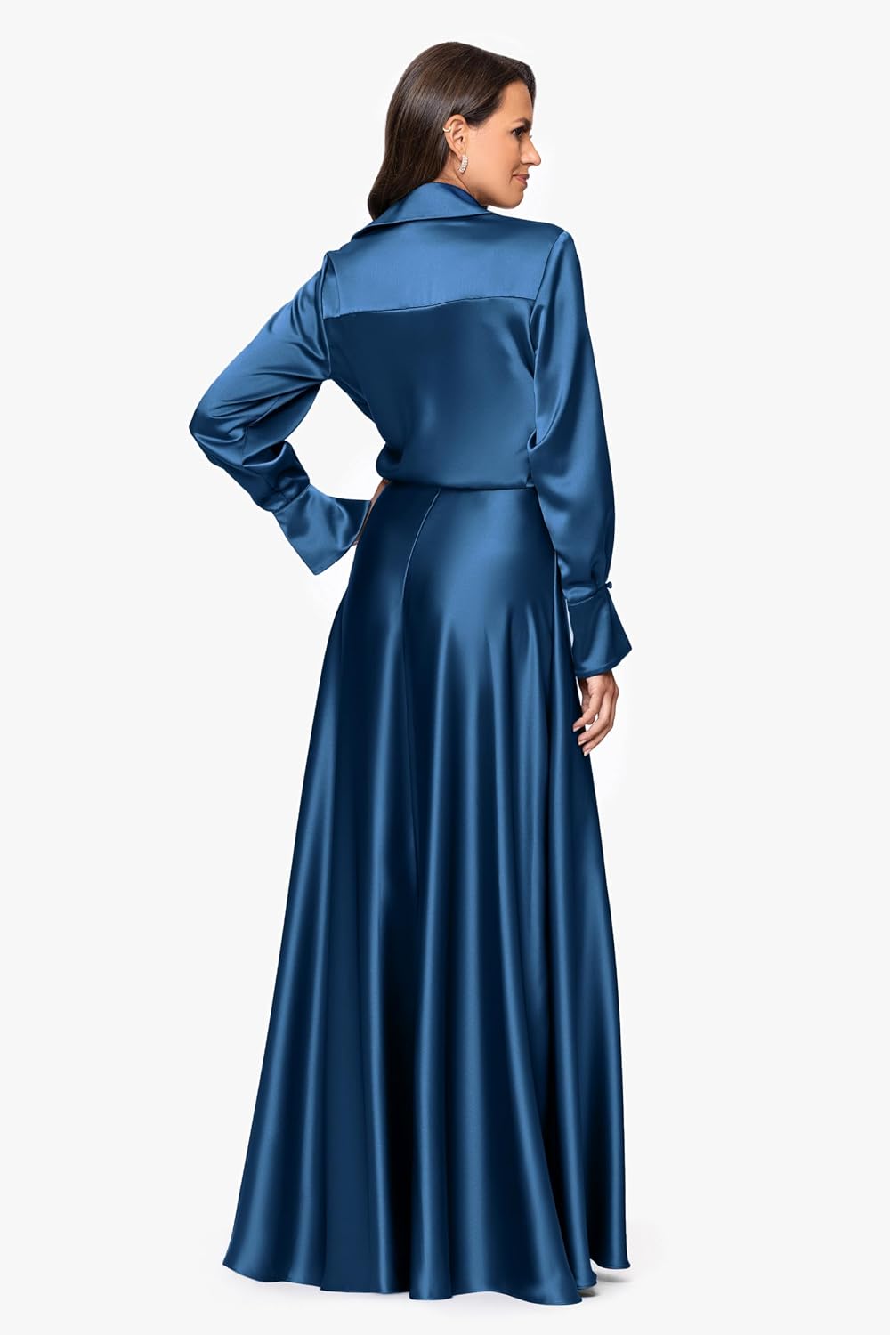 Xscape Women's Satin Long Sleeve Collared Neck Floor Length Dress