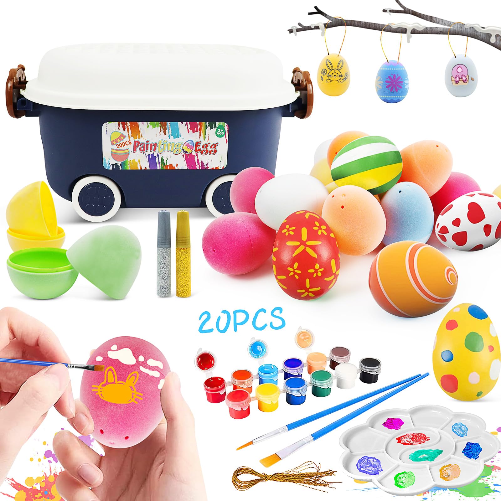 20 Pcs Paintable Easter Eggs Decorating Kit, DIY Flocking Easter Egg Dye Kit, Painting Colorful Arts and Crafts Eggs Set for Kids Easter Hunt, New Year's Gift, Basket Stuffers, Decoration