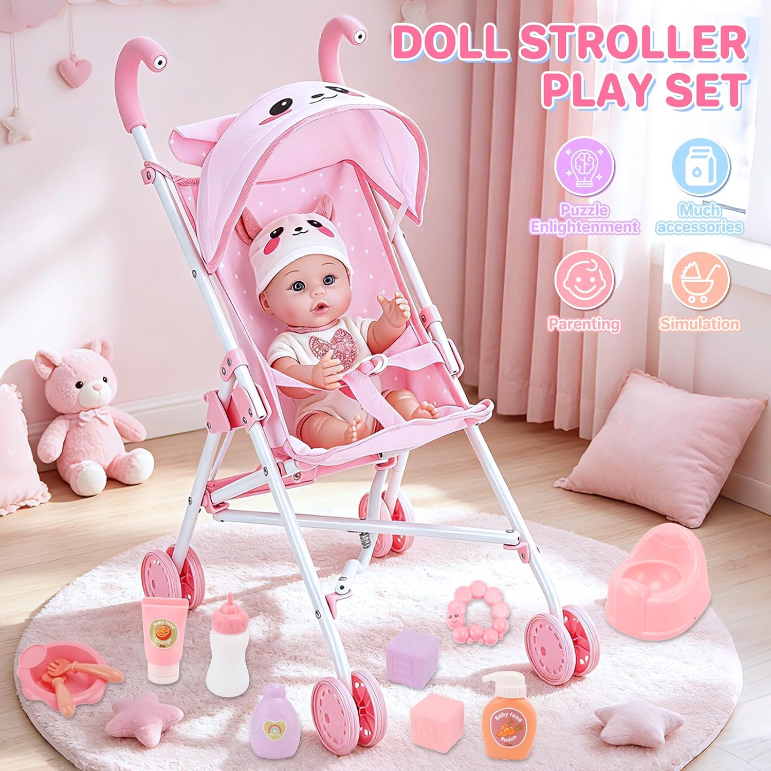 deAO Baby Doll Stroller Playset with 12" Doll (Pink) | Foldable Stroller, Doll Clothes,Baby Doll Accessories,Pretend Play Toy for Ages 3-8,Great Gift for Kids Boys Girls