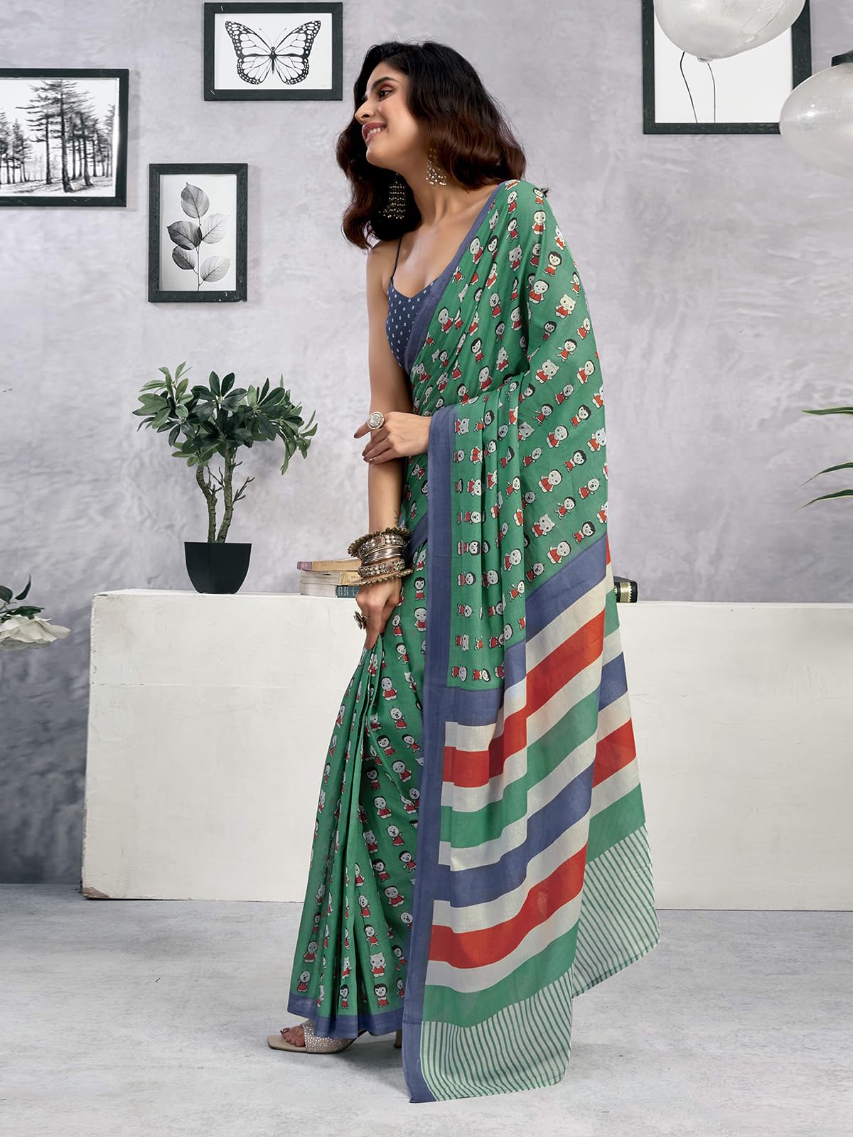 Satrani Women's Pure Cotton Printed Ready To Wear Saree With Unstitched Blouse Piece (38Rs134_Dusty Teal Green)