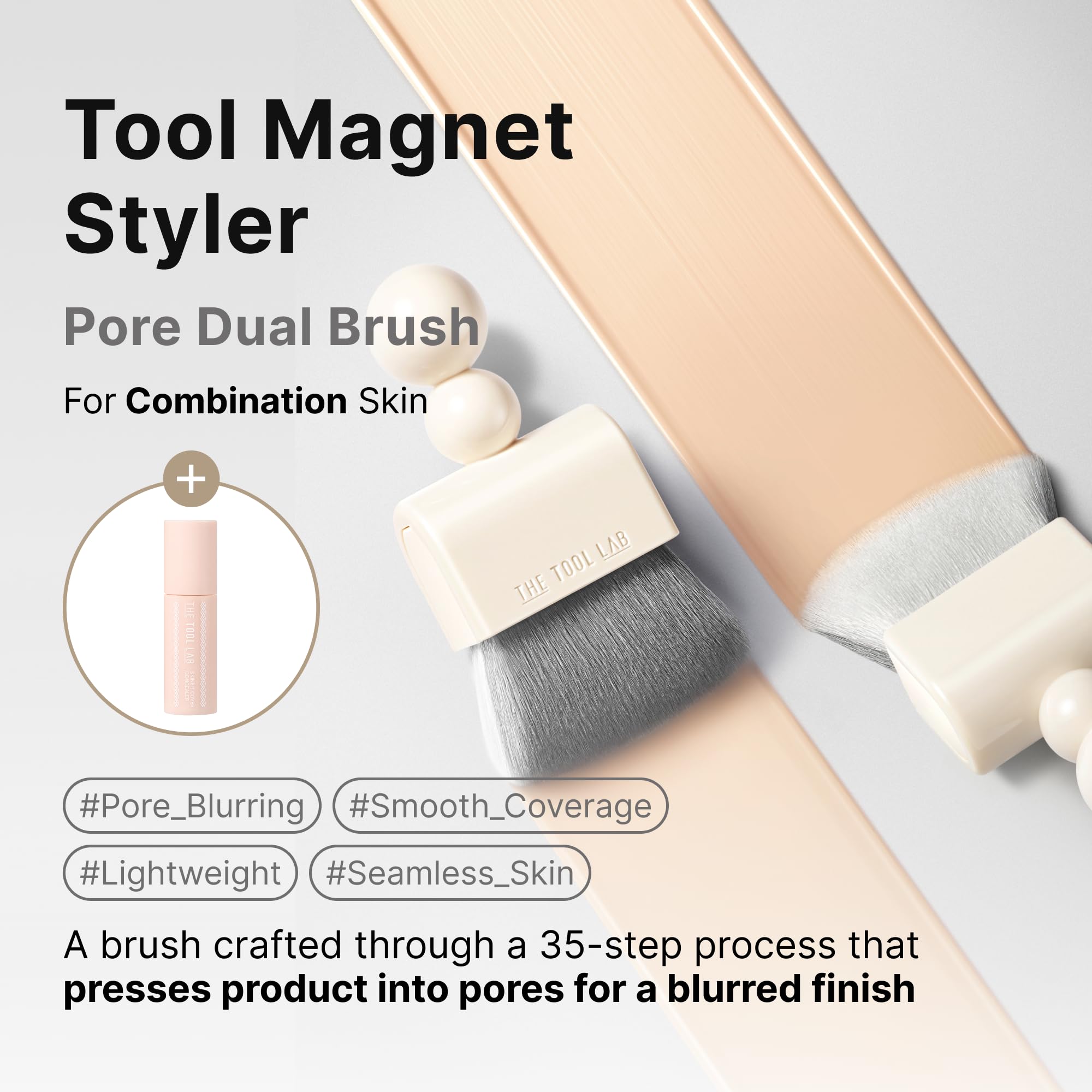 THE TOOL LAB Magnet Styler - Pennello doppio per fondotinta liquido, professionale, con parte superiore piatta per trucco liquido e crema, lucidatura e sfumatura, trucco coreano (1 pezzo)