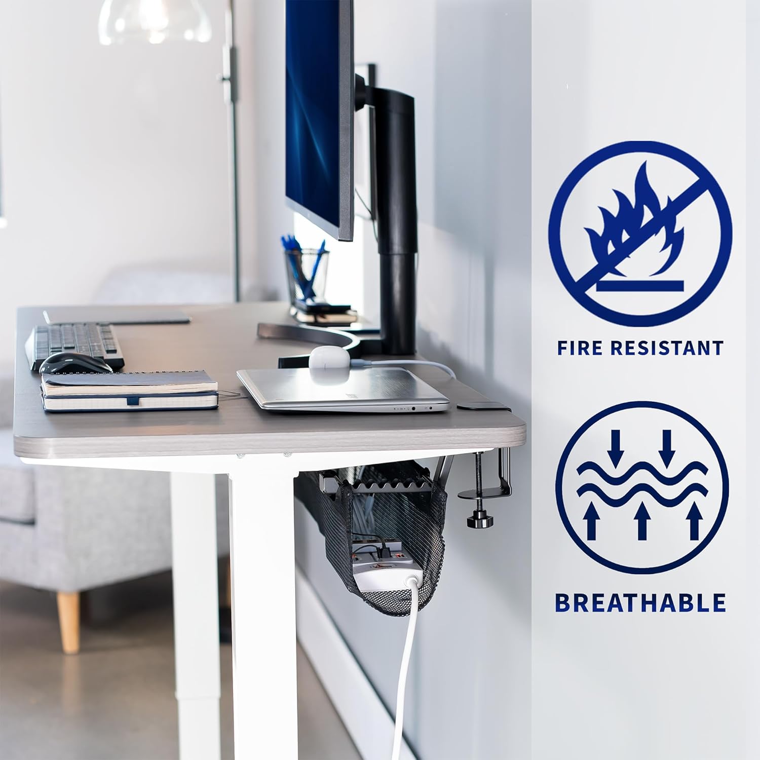 VIVO No Drill Clamp-on 55 inch Mesh Net Under Desk Cable Management Wire Organizer, Adjustable Home Office Standing Desk Cord Storage Sleeve, Black, DESK-AC55MH