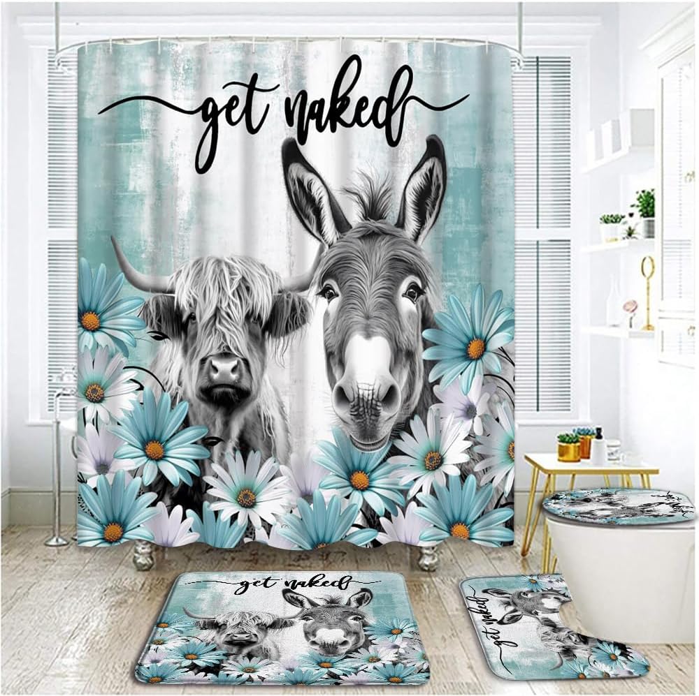 4 Piece Funny Donkey Highland Cow Shower Curtain Sets with Rugs, Toilet Lid Cover , Rustic Teal Floral Farmhouse Turquoise Plant Get Naked Western Country Animal Bathroom Shower Curtain with 12 Hooks