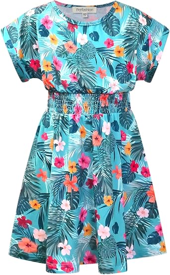 Perfashion Girls Summer Dresses Printed Casual Loose Sundress Smocked Waist Roll-Sleeve