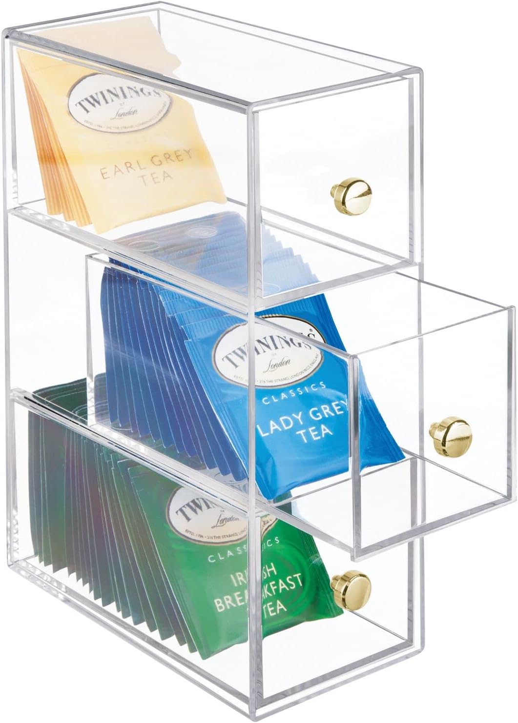 mDesign Plastic Kitchen Pantry Stackable Storage Organizer Container Station with 3 Drawers for Cabinet, Countertop, Holds Coffee, Tea, Sugar Packets, Creamers - Lumiere Collection - Clear/Soft Brass