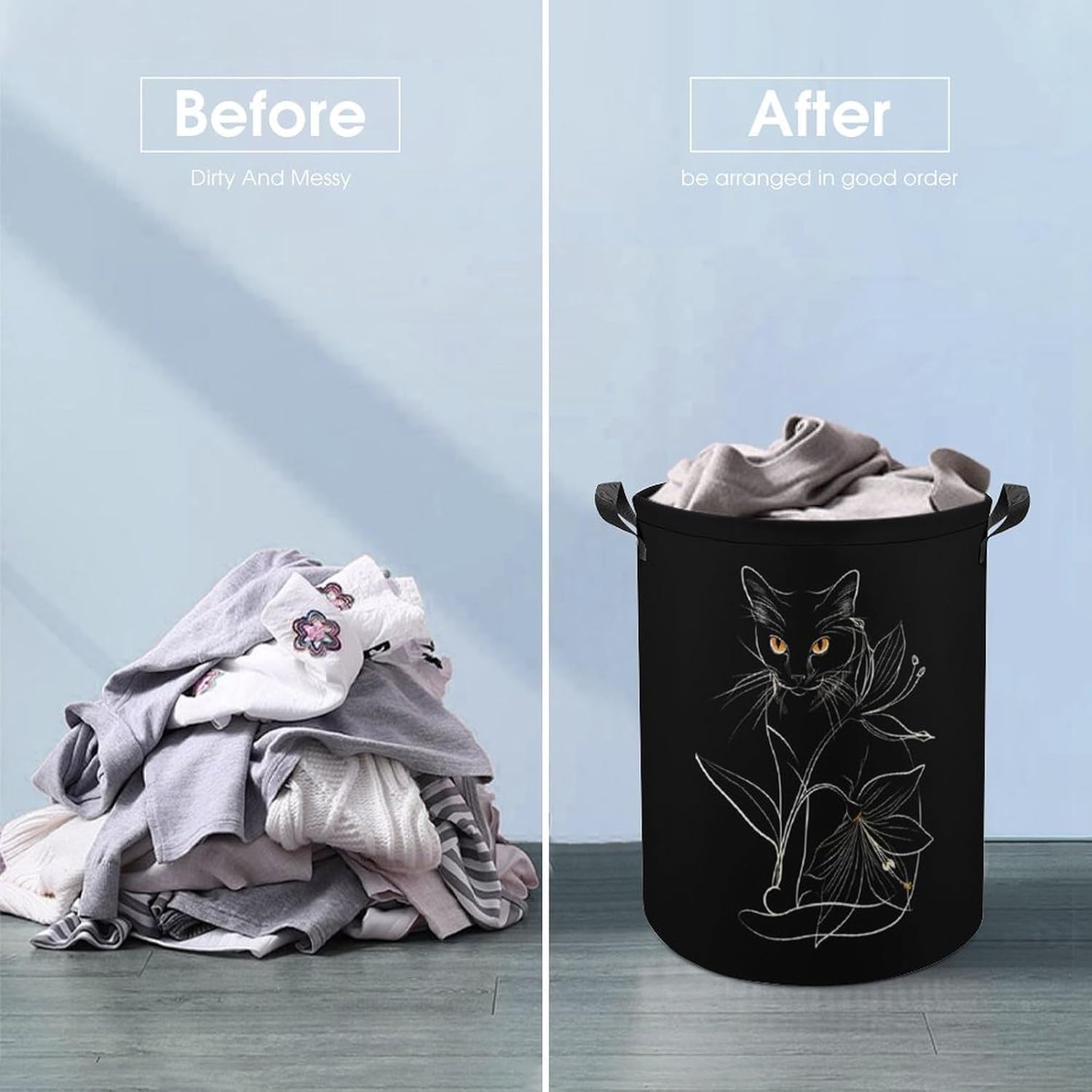 Cat with Yellow Eyes Novelty Collapsible Laundry Baskets Waterproof Clothes Hamper Storage Bins with Handles 13.8"x13.8"x17.3" 17.3"x17.3"x17.3"