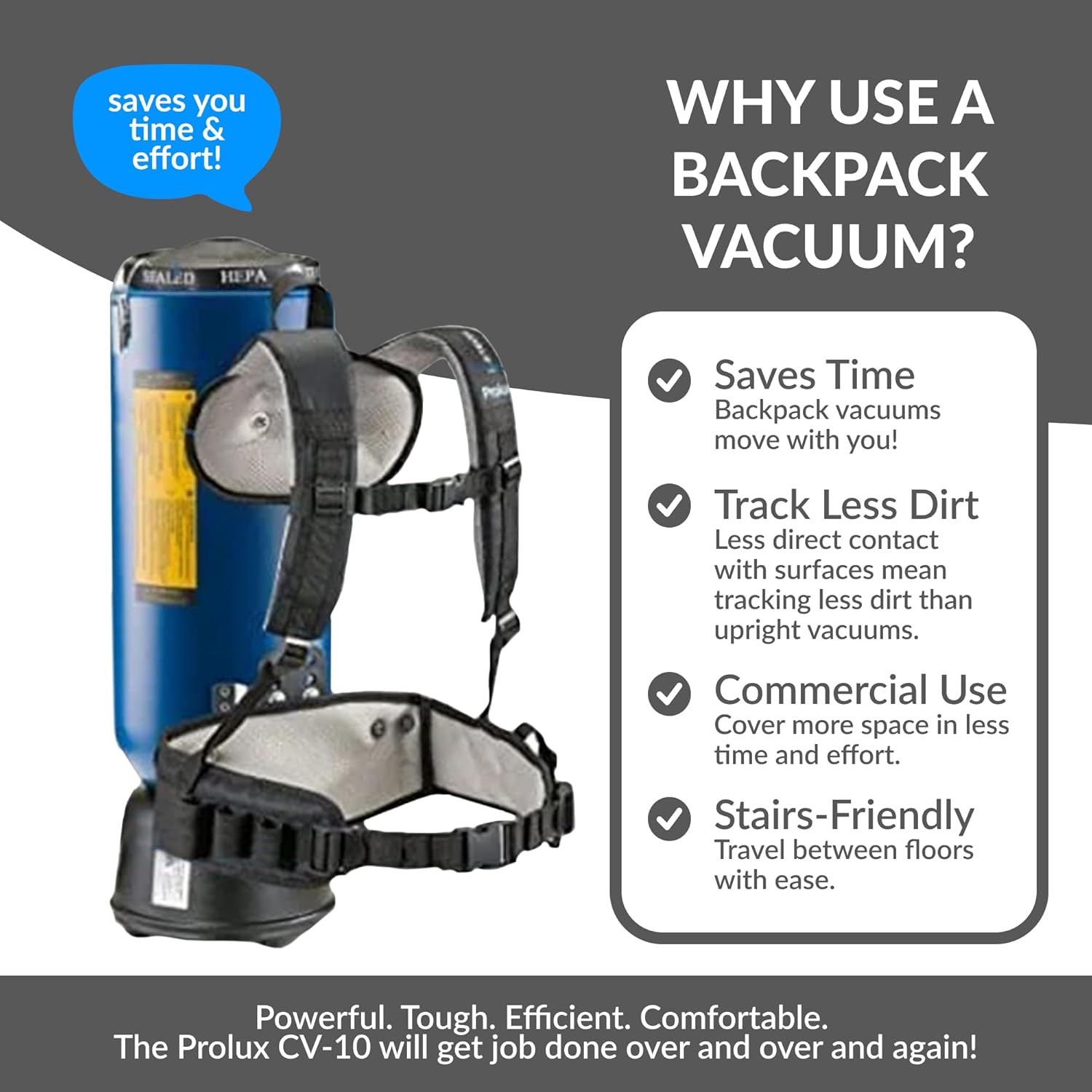 Prolux 10 Quart Commercial Backpack Vacuum, Premium 1.5-Inch Attachments, HEPA Air Filtration, Deep Cleaning for All Floor Surfaces