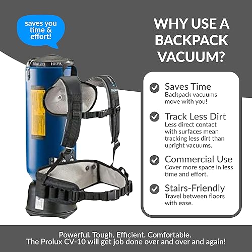 Miniatura 4 de Prolux Aspiradora comercial de mochila de 10 cuartos de galón, accesorios premium de 1.5 pulgadas, filtración de aire HEPA, limpieza profunda para