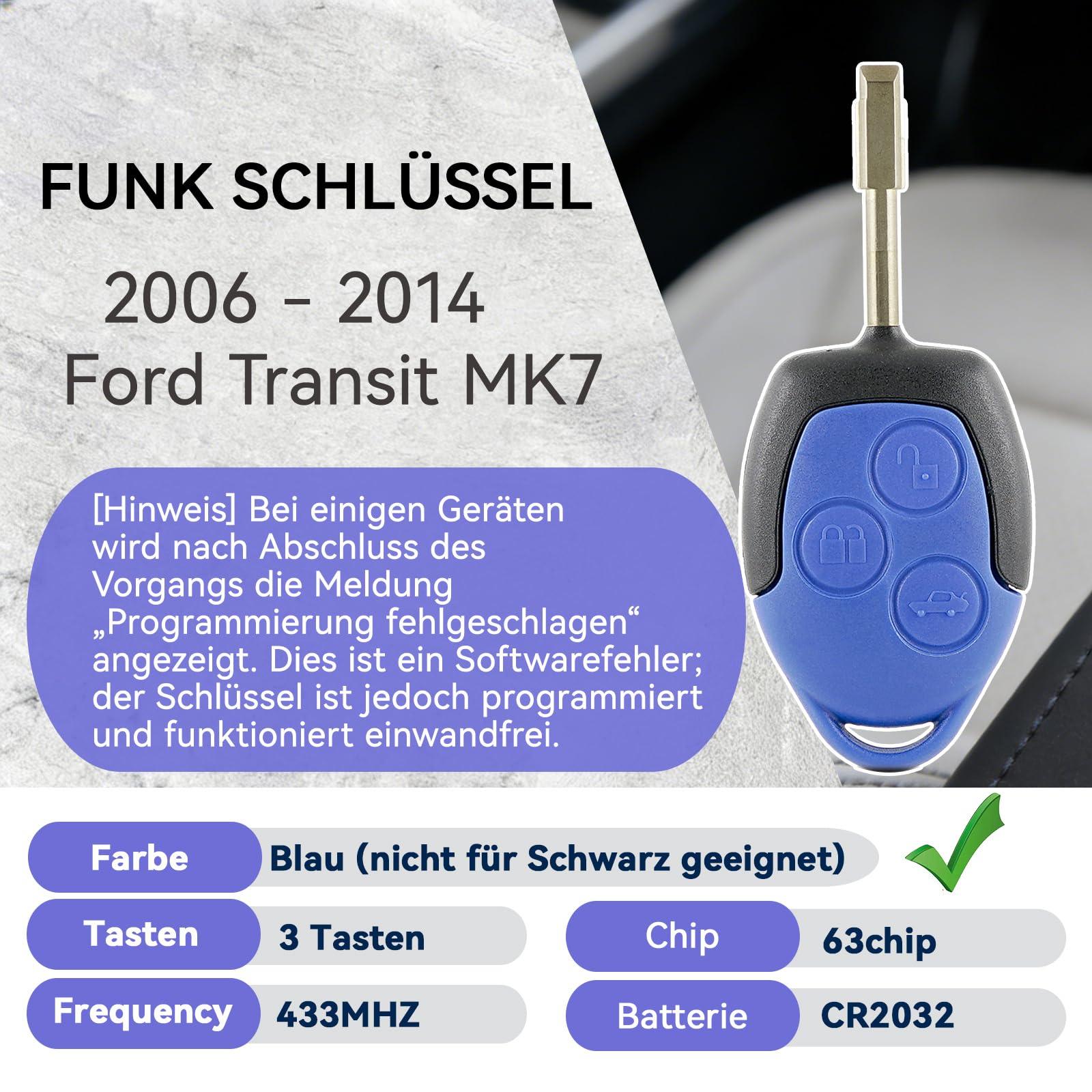 3 Tasten Fernbedienungsschlüssel für Ford Transit MK7, Blau, 433 MHz, mit CR2032 Batterie, 2006–2014