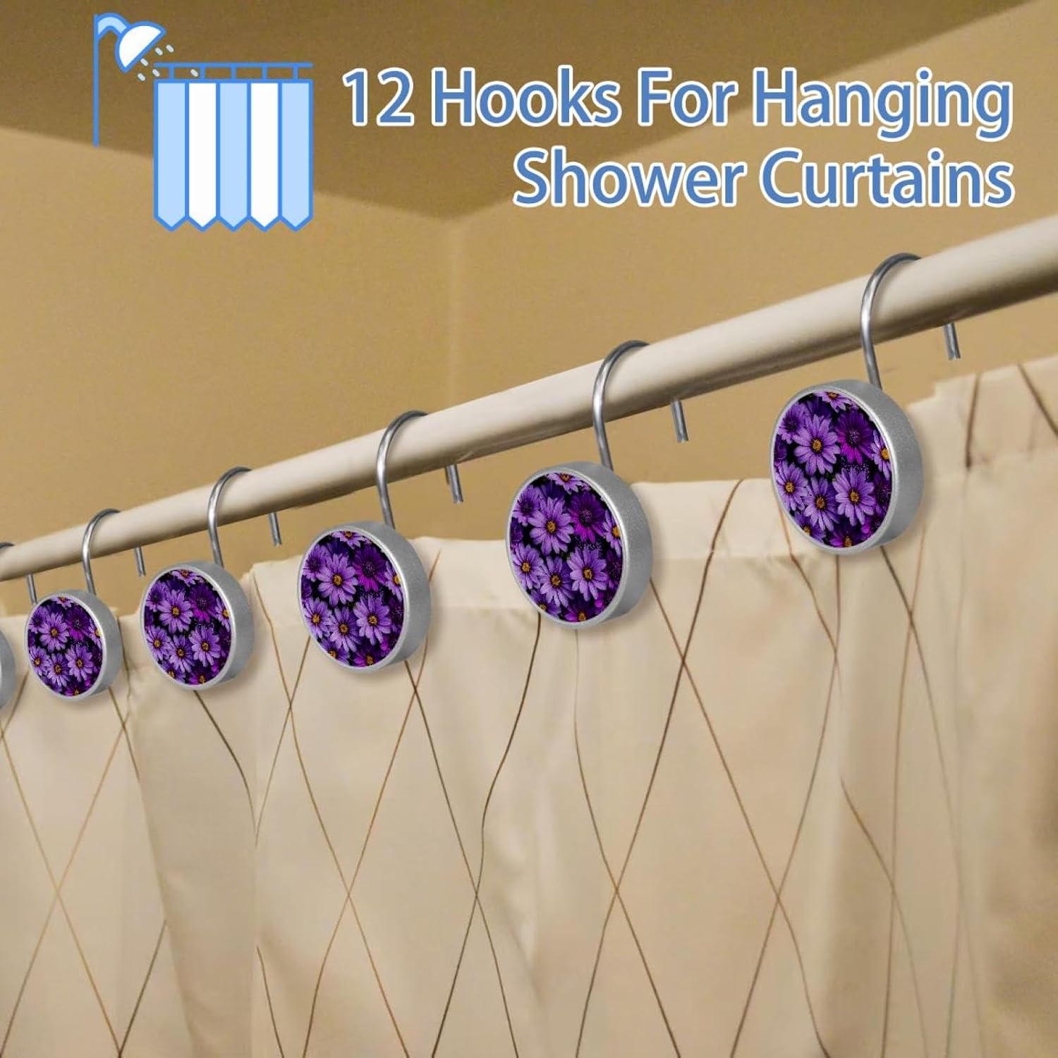 12PCS Purple Flowers (2) Shower Curtain Hooks Rings for Bathroom, Decorative Shower Curtain Hooks Rods Curtains and Liner