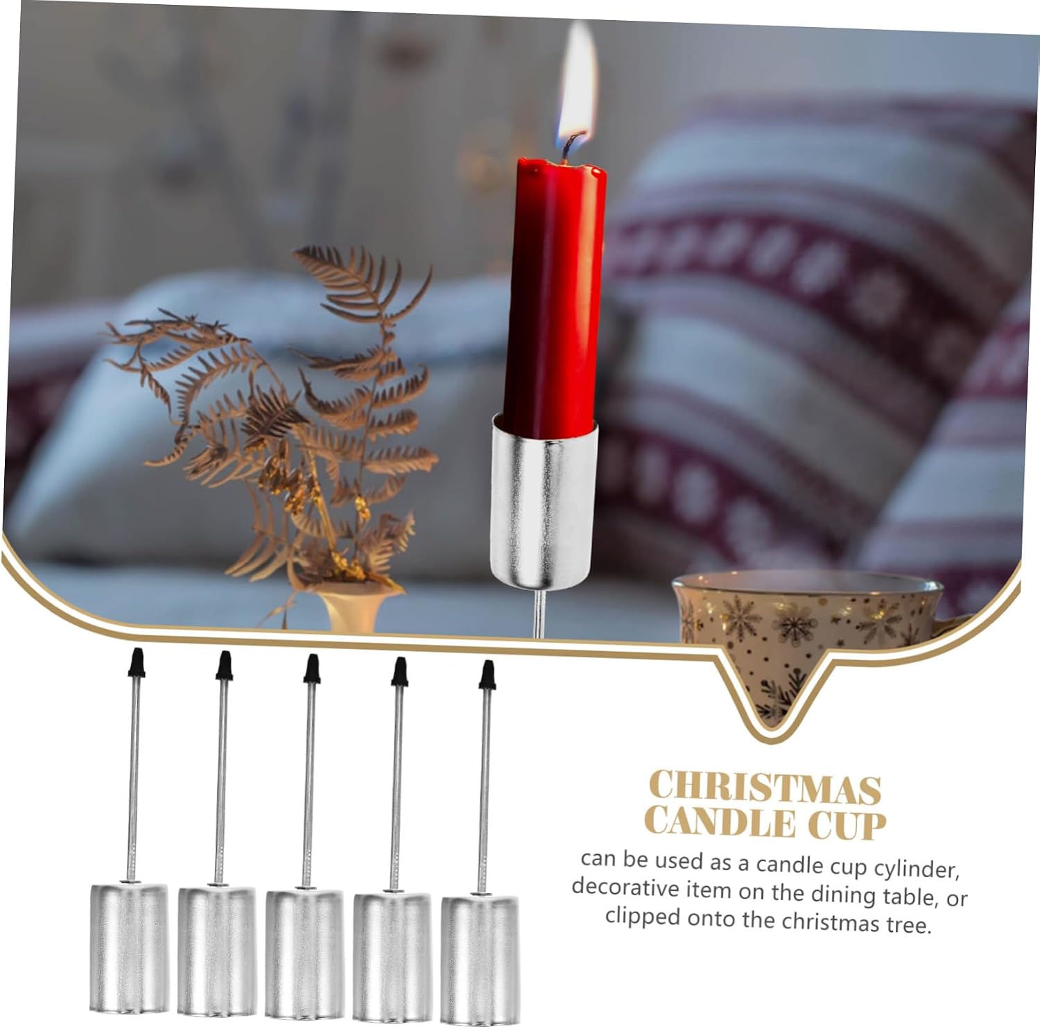 OUNONA 5Pcs Silver Christmas Candle Cup Insert with Spike Iron Festive Candle Holder for Tree Decor for Holiday Table Centerpiece