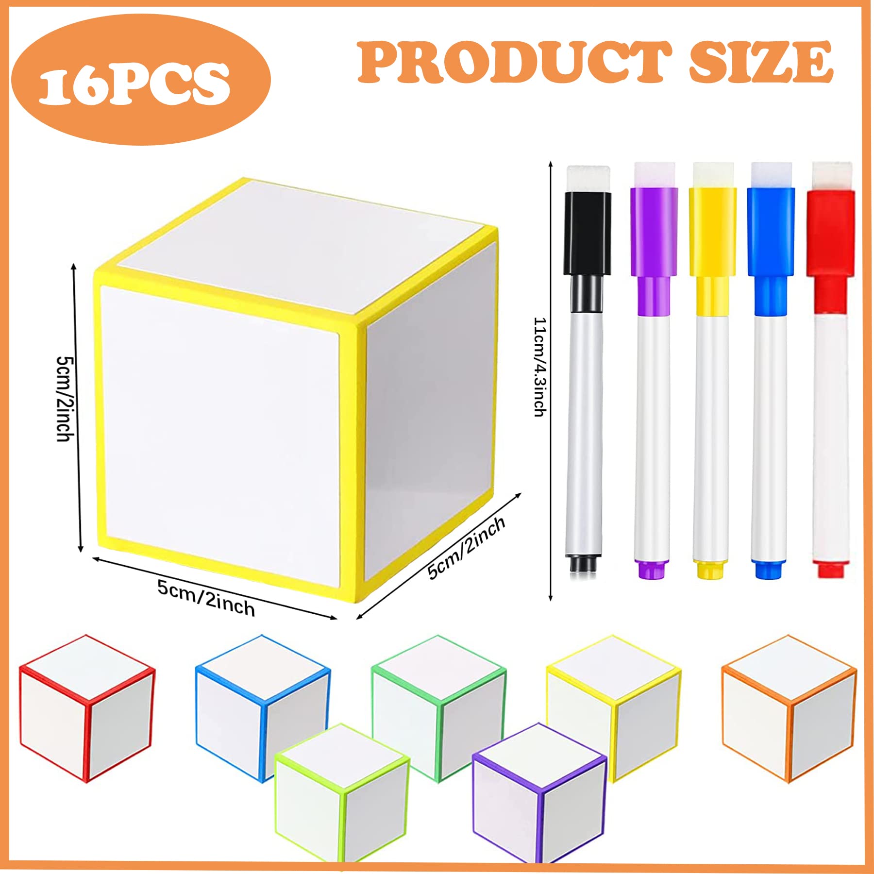 Juego de 16 bloques de borrado en seco, dados de espuma en blanco, cubos de borrado en seco con 5 rotuladores coloridos para juegos, matemáticas, aula, escuela, herramientas de aprendizaje primario