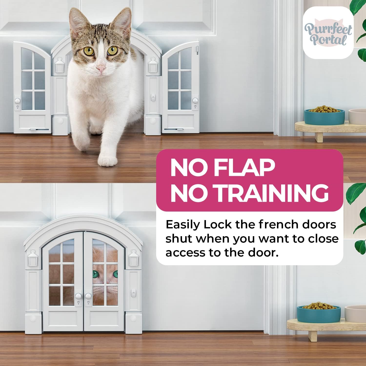 Purrfect Portal French Cat Door - Stylish No-Flap Cat Door Interior Door for Average-Sized Cats Up to 20 lbs, Easy DIY Setup, Secured Installation in Minutes, No Training Needed, 7.13 x 8.32” : Pet Supplies