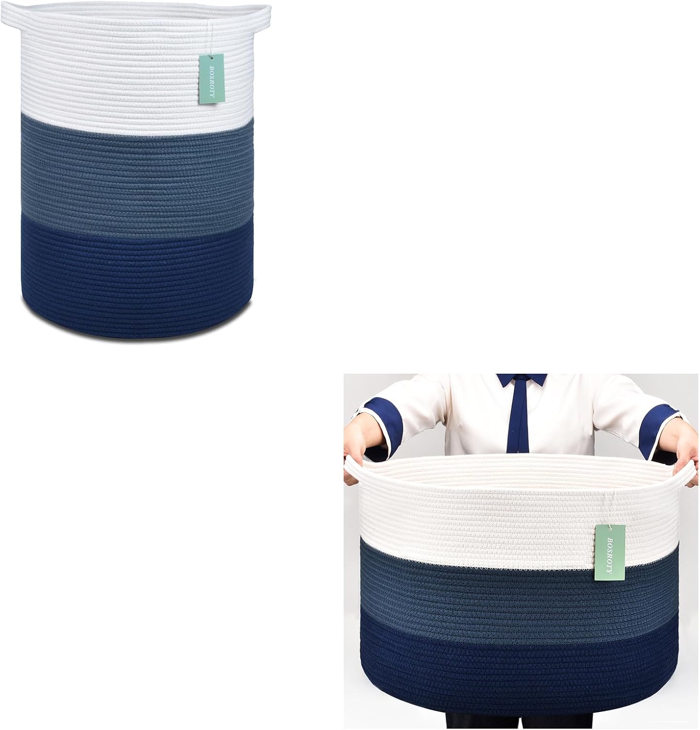 Tall Laundry Basket 72L and Extra Large Blanket Basket 87L, Large Cotton Rope Laundry Basket Hamper, Woven Storage Basket for Living Room Bedroom, Baby Nursery Hamper Bin, Toys Basket, Blue