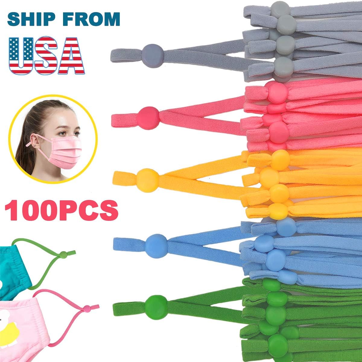 1/5 Inch Elastic Band for Masks,100 PCS Elastic String for DIY Sewing with Adjustable Buckle,High Stretch Colored Adjustable Ear Loops