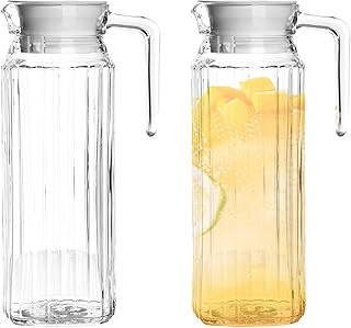 2 Pack Plastic Pitcher with Lid 1.1L Water Jar with Ribbed Design BPA-Free Water Pitcher Clear Plastic Water Pitcher with Vented Lid Fridge Pitcher for Hot Water Ice Tea Coffee Milk