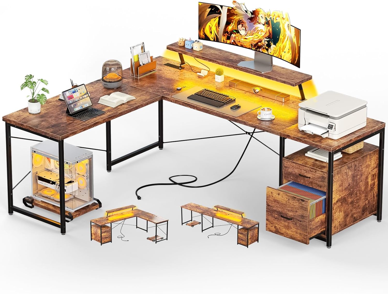 Unikito 63 Inch L Shaped Desk with Power Outlets & LED Lights, Computer Corner Home Office Desk with File Drawer, Monitor Stand and Removable CPU Stand, Large Storage, Gaming, Writing, Rustic Brown