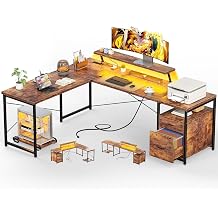 Unikito 63 Inch L Shaped Desk with Power Outlets & LED Lights, Computer Corner Home Office Desk with File Drawer, Monitor Stand and Removable CPU Stand, Large Storage, Gaming, Writing, Rustic Brown