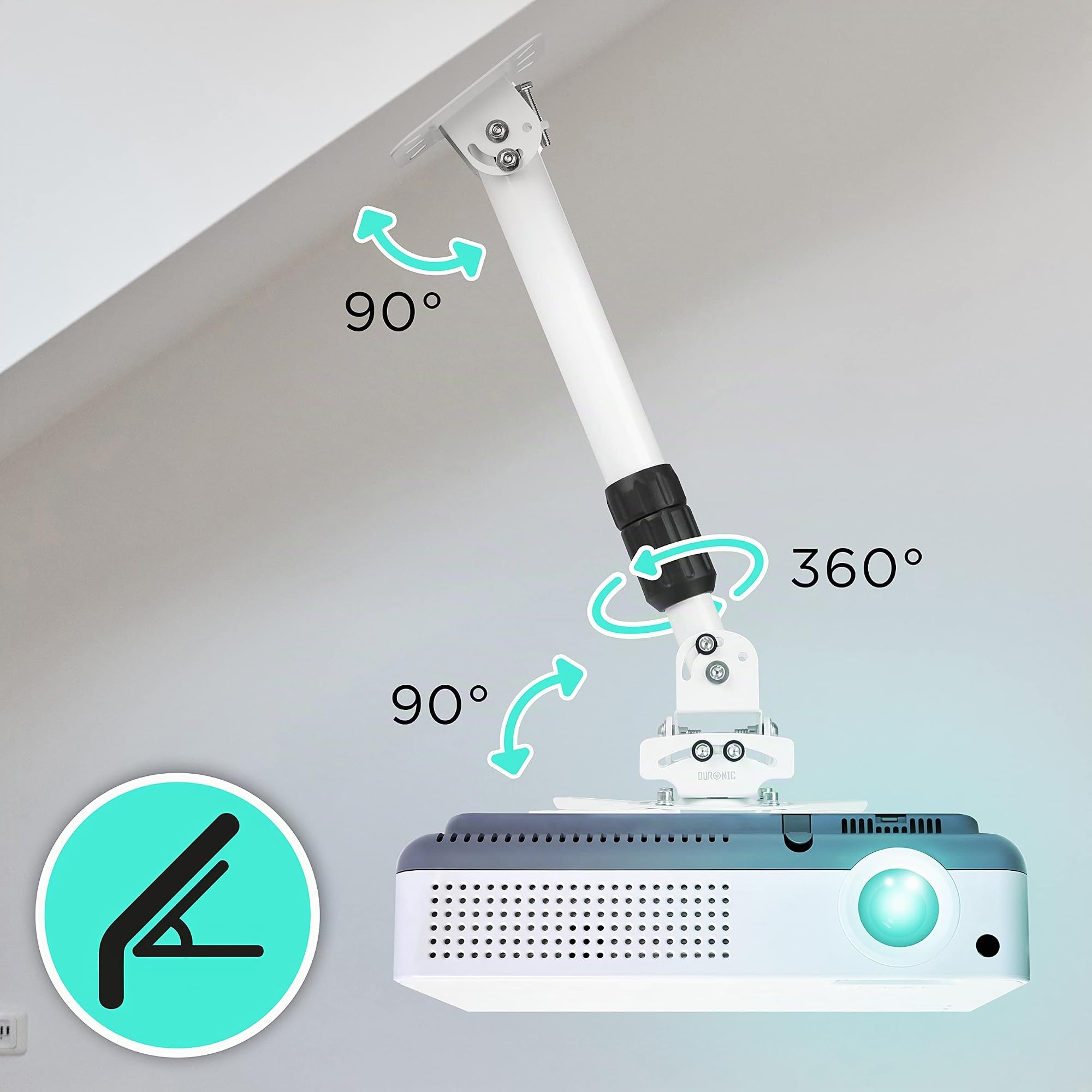Duronic PB06XL Soporte para Proyector de Techo y Pared, Extensible 22-83cm, Universal, Giratorio 360º, Totalmente Articulable, Carga Máx 13.6kg, Cine en Casa, Videojuegos, Presentaciones, Color Blanco