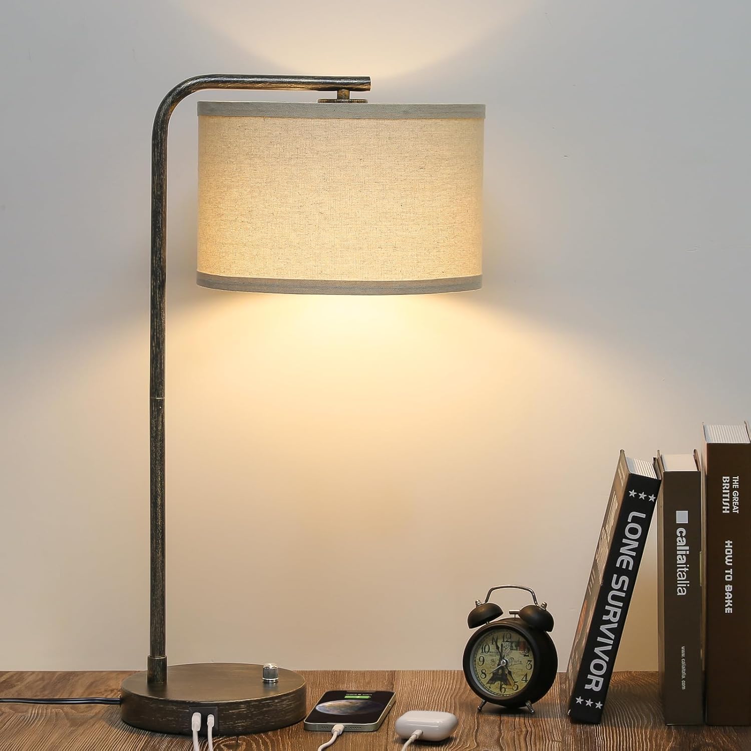 Bedside Table Lamp with USB C+A Charging Ports, Fully Dimmable Industrial Tall Nightstand Reading Desk Lamp for Bedroom, Living Room, Office, 9W LED Bulb Included Black with Brushed Gold