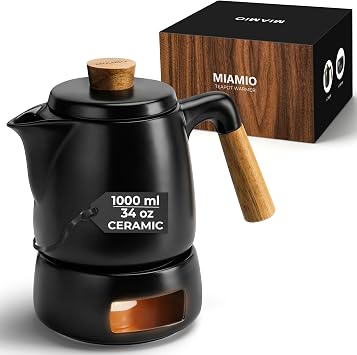 MIAMIO - Teapot Set with Warmer / 34 oz Tea Kettle with Infuser for Steeping Loose Tea Leaves - Gift for Women/Tea Lovers Black