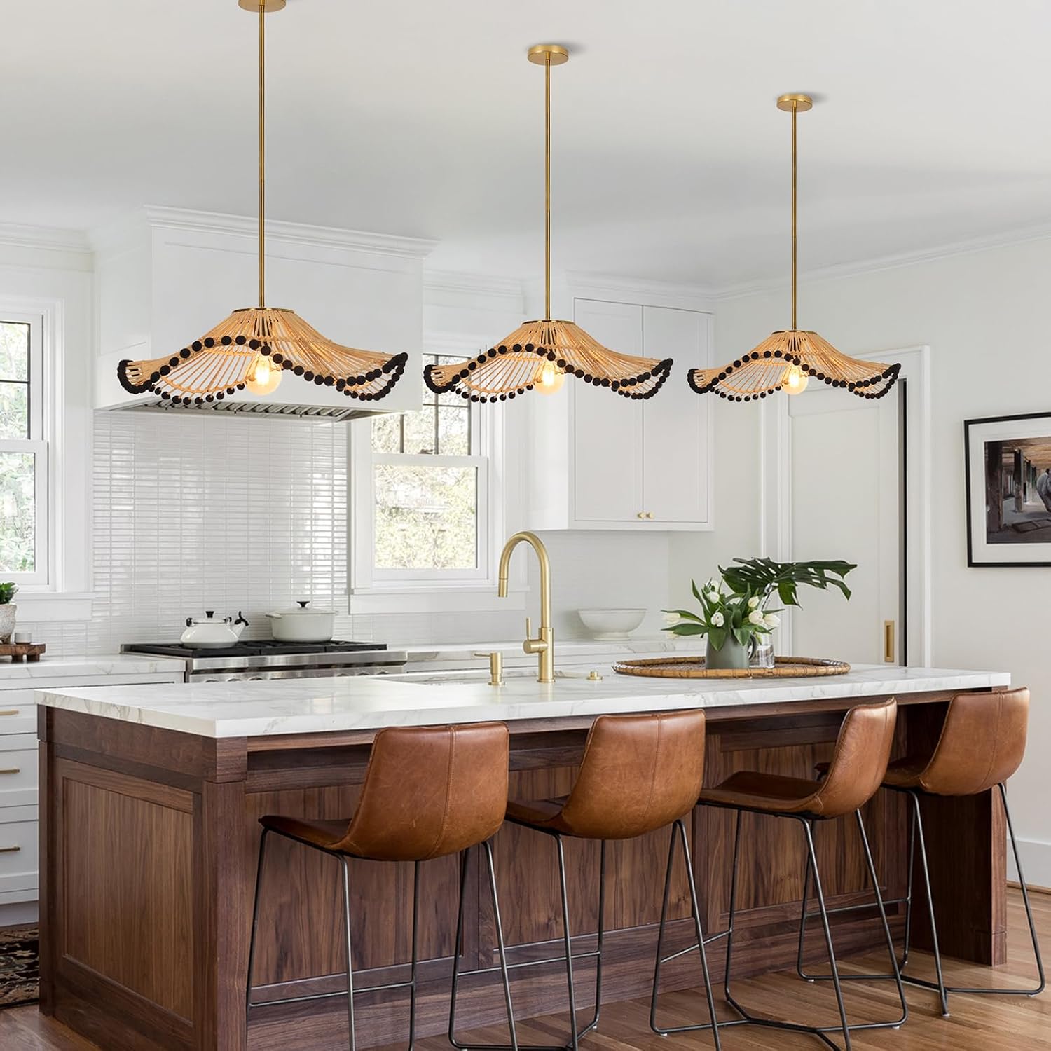 23.6" Boho Rattan Pendant Light Fixture, Hand Woven Farmhouse Rustic Chandelier Bohemian Coastal Hanging Pendant Lighting for Kitchen Island, Bedroom, Living Room, Nursery, Entryway, Foyer