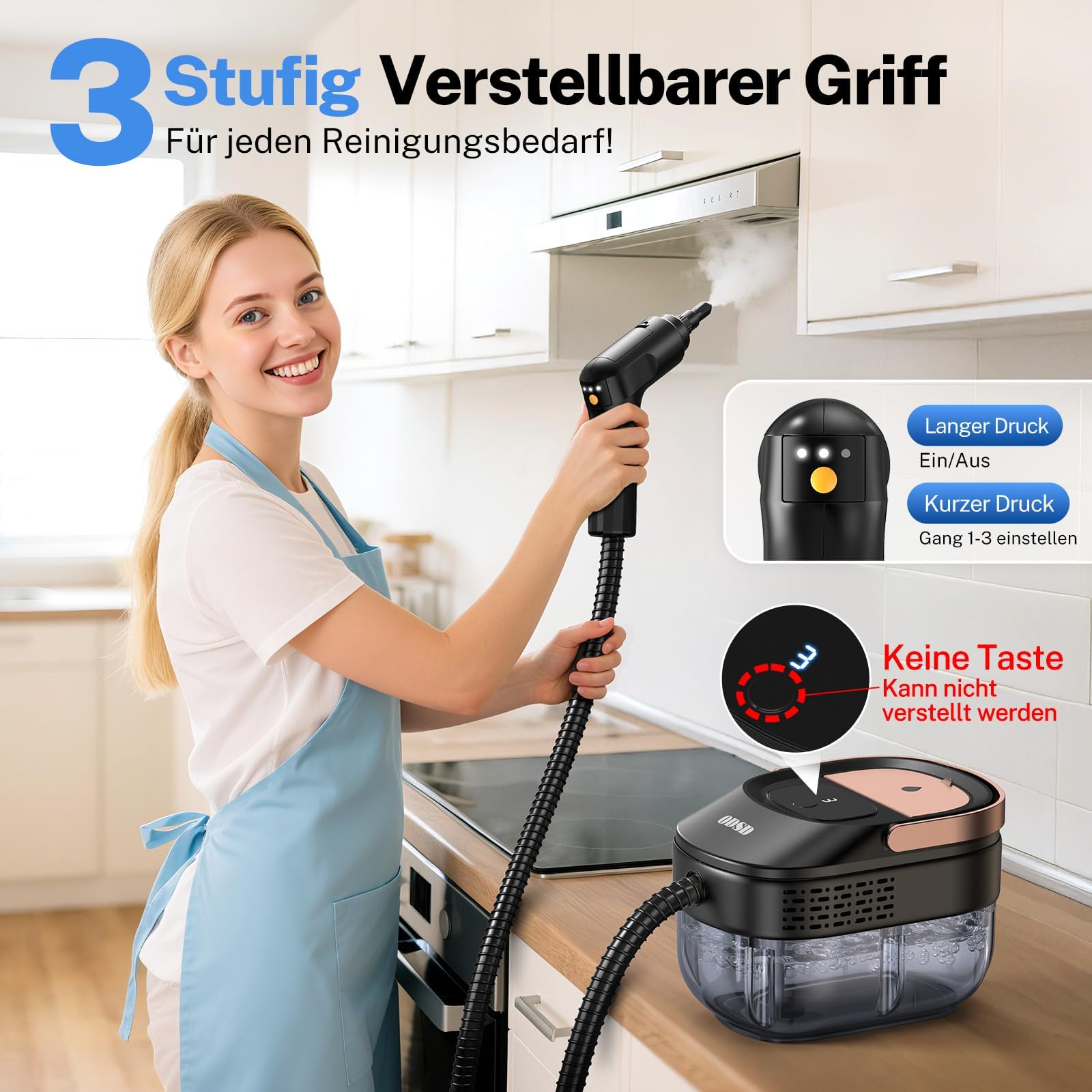 ODSD Dampfreiniger für Haushalt und Auto, 3-stufig einstellbarer Dampfreiniger, 15 Sekunden Aufheizzeit und 1,6 l großer Tank, Handdampfreiniger für Autos, Haushalt, Küche, Fenstern,Boden