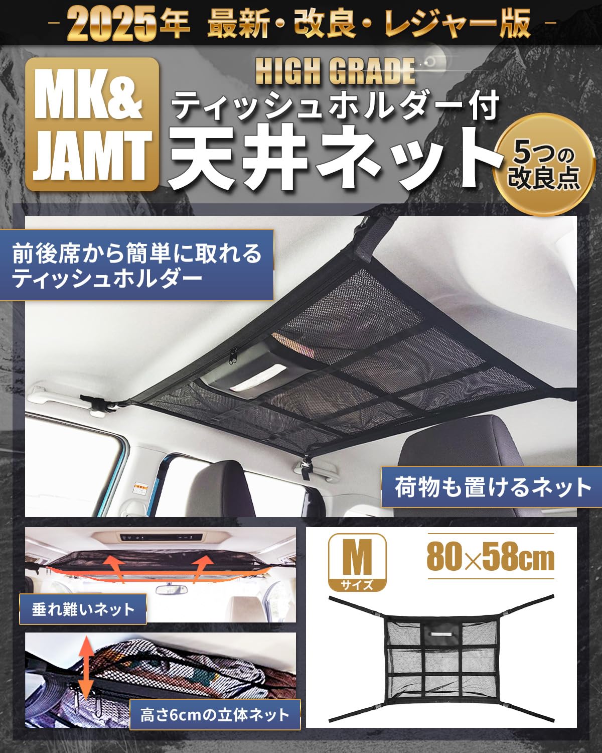 MK&JAMT R7年改良モデルの天井ネット、ティッシュボックスホルダー部分のクローズアップ