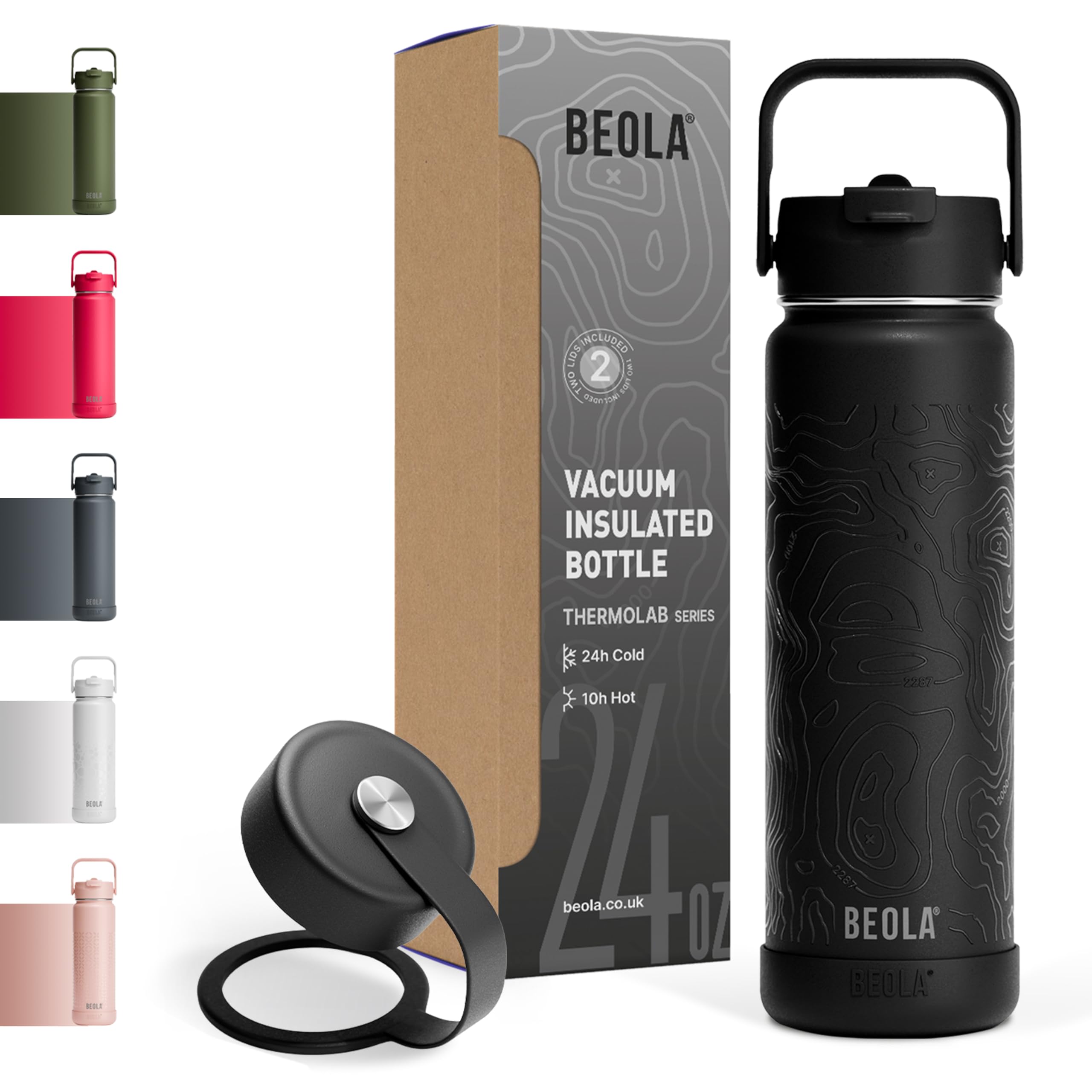 750ml Vacuum Insulated Water Bottle, Double Wall Thermolab series Stainless Steel Drinking Flask with Straw Lid & Wide Mouth, 2 lids, Hot Cold Thermos Sports Bottle, 25oz (Mountain Black)