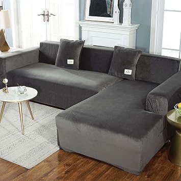 Velvet Stretch Sectional Couch Covers, 2 Pieces L Shaped Sofa Cover with 2 Pillowcases Super Soft Anti-Slip Universal Sofa Cover for Living Room Pets-Dark Gray-3 Seater+4 Seater