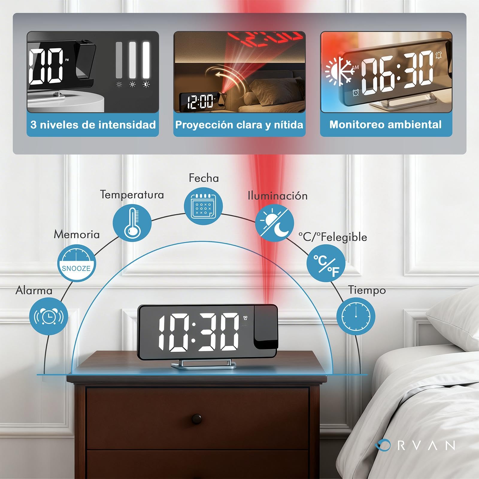 ORVAN® Reloj Proyector Techo Premium | Reloj Despertador Digital LED | Despertador Proyector Techo con Efecto Espejo | Reloj Despertador con Proyector | Doble Alarma | Tres Modos De Atenuación — view 7