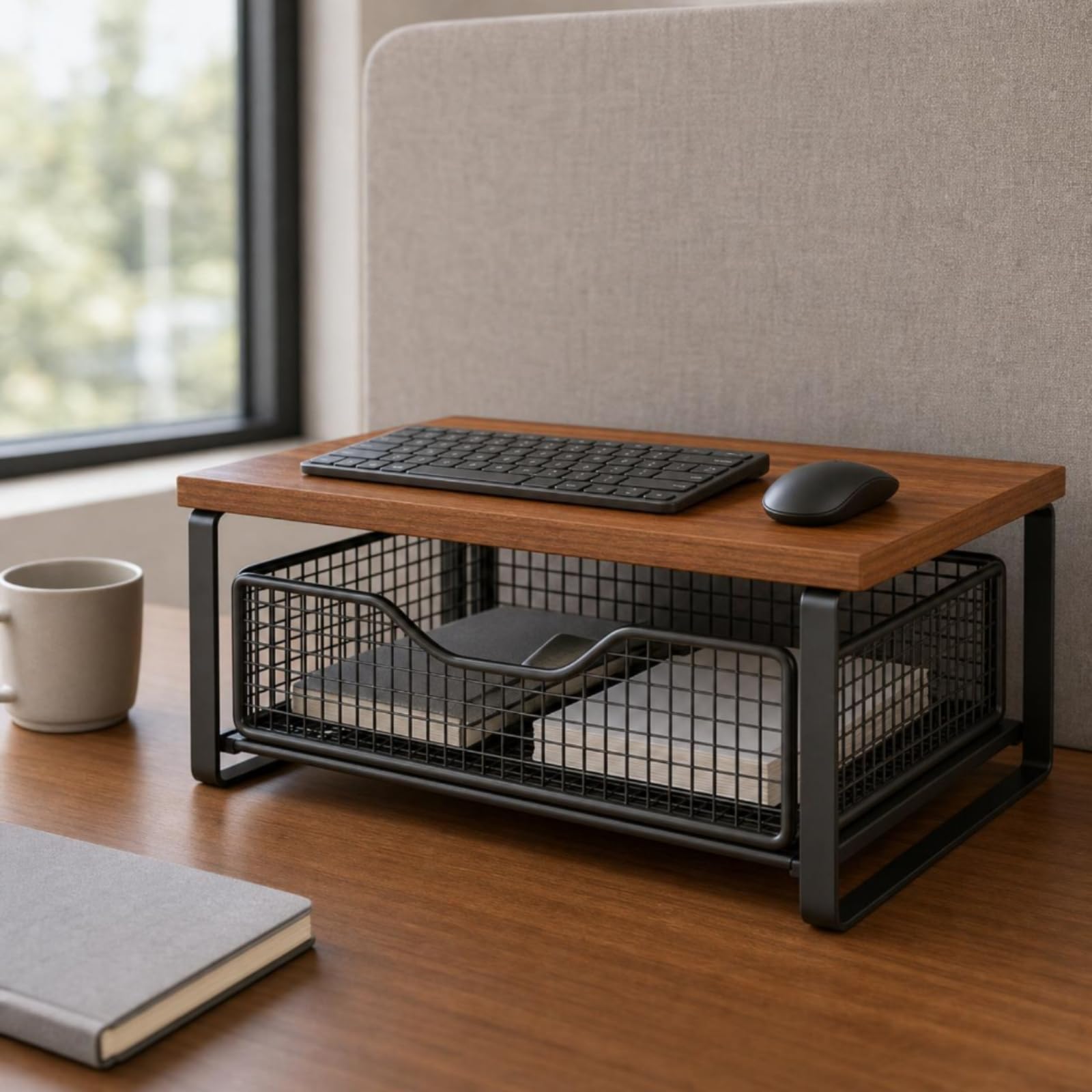Organizer Scrivania Doppio Livello 2 Livelli Portaoggetti Cassetto Rete Struttura in Metallo Portaoggetti Multifunzione, Stile Nero, Noce, Con Cassetto, Rialzato Senza Installazione