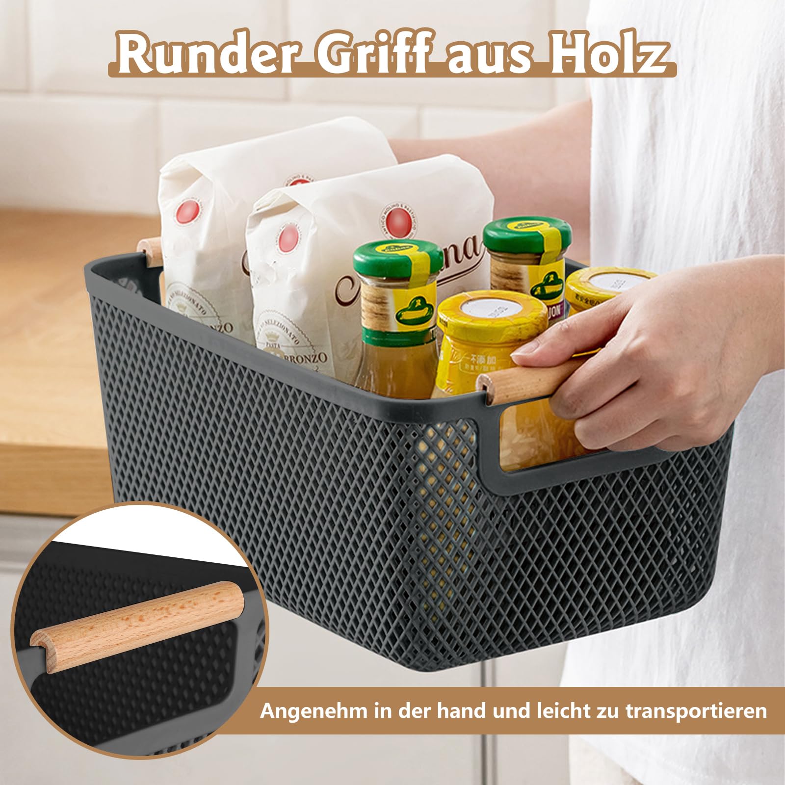 Set di 6 contenitori (3 grandi 35 x 22,5 x 16,2 cm + 3 medie 30 x 20,4 x 14,2 cm) – Cesto portaoggetti da cucina senza coperchio in plastica traspirante con manici in legno per bagno