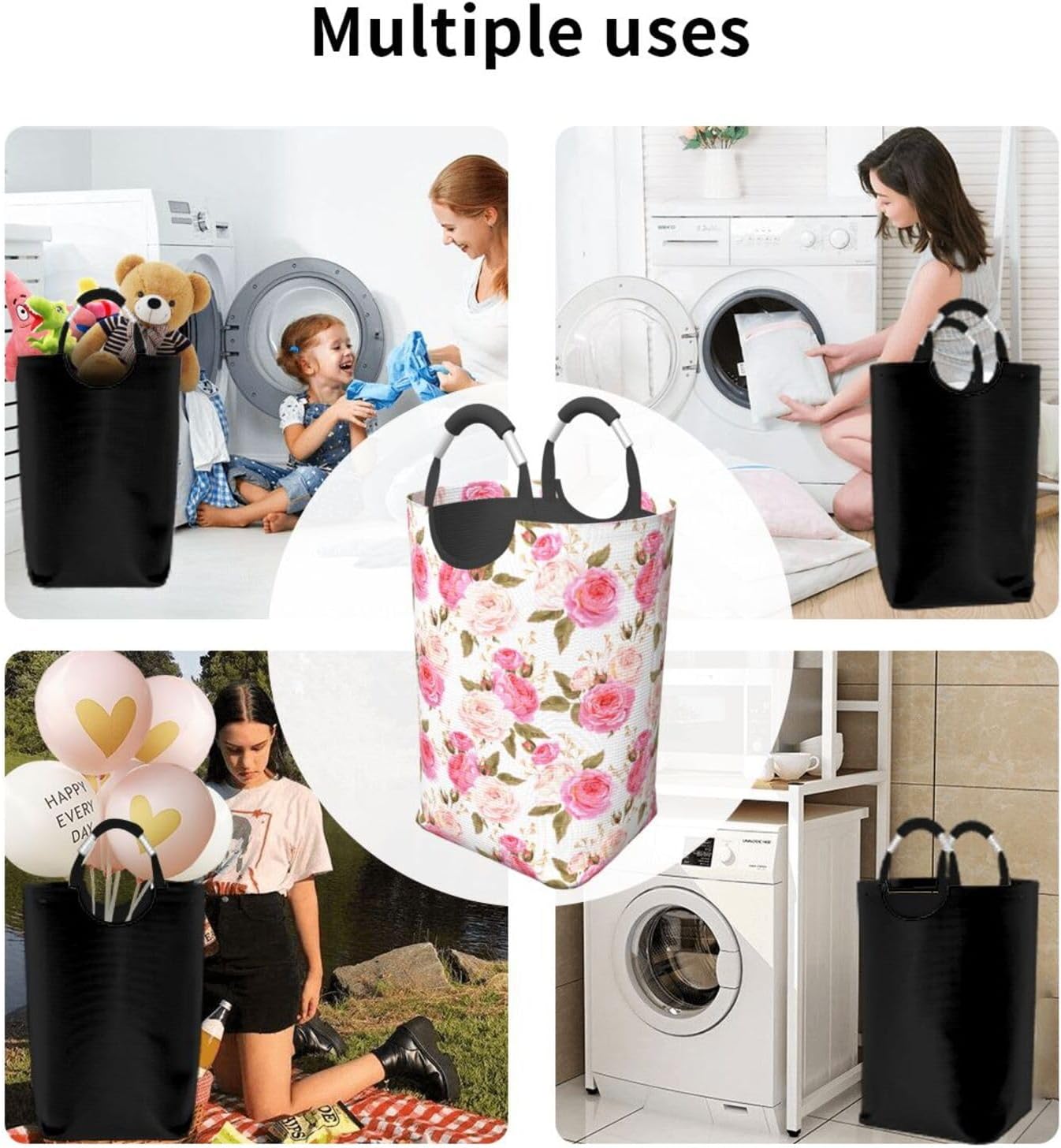 Floral Laundry Basket Flower Rose Laundry Hamper Pink Collapsible Baskets with Handle Dirty Clothes Bag Hamper for Dorm Family Bathroom Decor Storage 50L