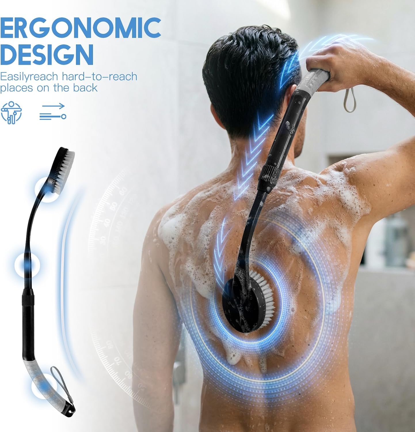 Back Scrubber for Shower, Long Handle Bath Brush with Soft Bristles, Adjustable Shower Brush for Body Exfoliating & Dry Brushing, Non-Slip Ergonomic Handle, Removable Head for Men & Women