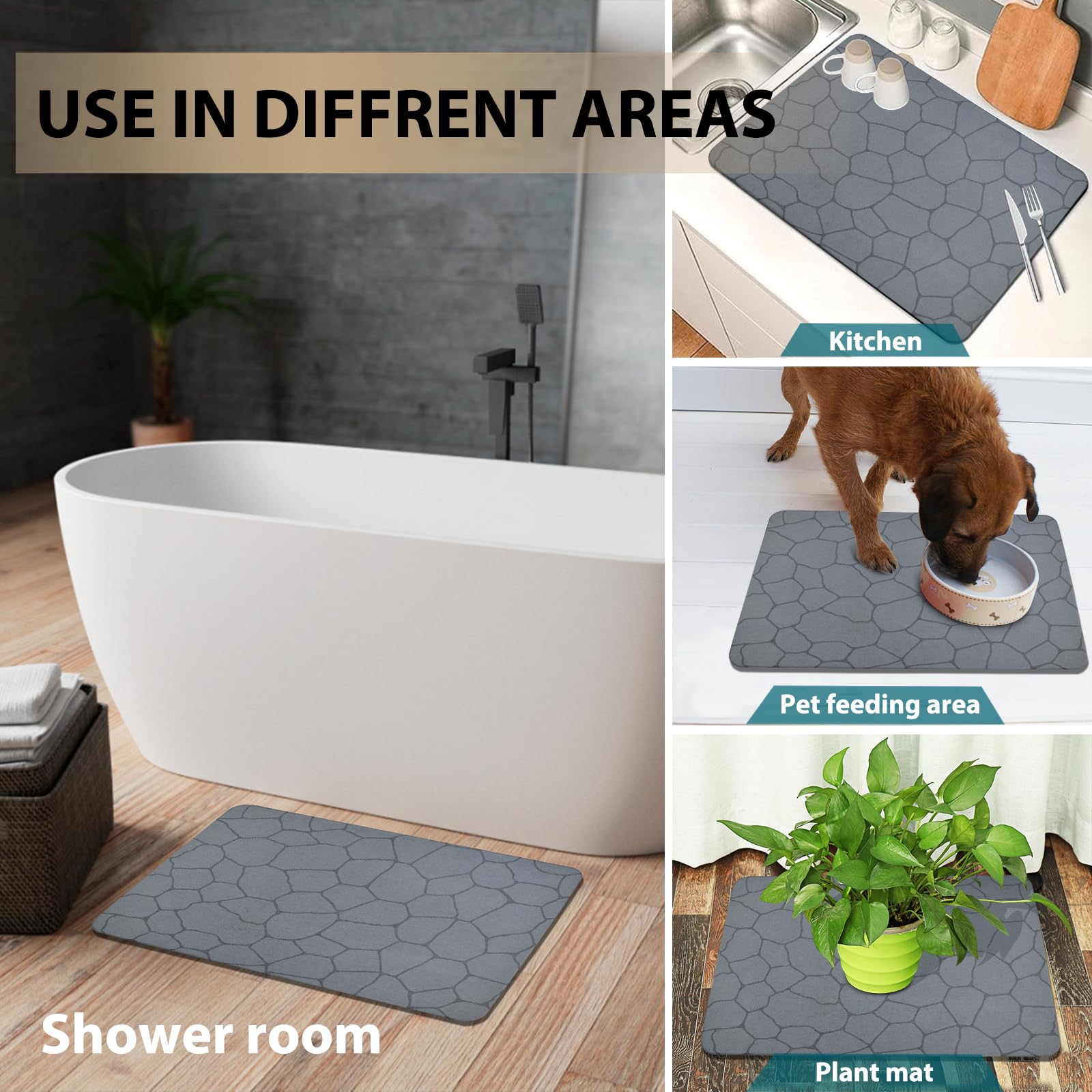 Diatomeeënaarde badmat, sneldrogende antislip absorberende badmat voor badkamer douchevloer, 23,5 x 15,4 inch, grijs, 2 stuks