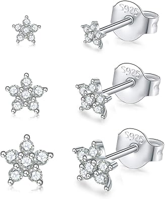 Sterling Silver Stud Earrings for Women, Tiny Flower Earrings Set, Small Cubic Zirconia Helix Earrings Dainty Tragus Cartilage Studs Cherry Blossom Ear Piercing Jewelry Gifts for Teens