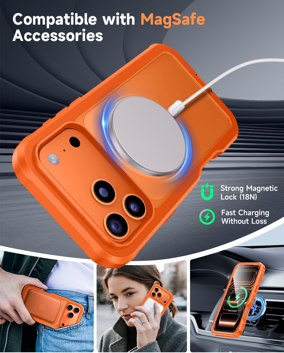seacosmo for iPhone 17 Pro Max Case, Full Body Bumper with Built-in Tempered Glass Screen and Camera Lens Protector, Compatible with MagSafe, Shockproof 17 Pro Max Phone Case, 6.9", Orange