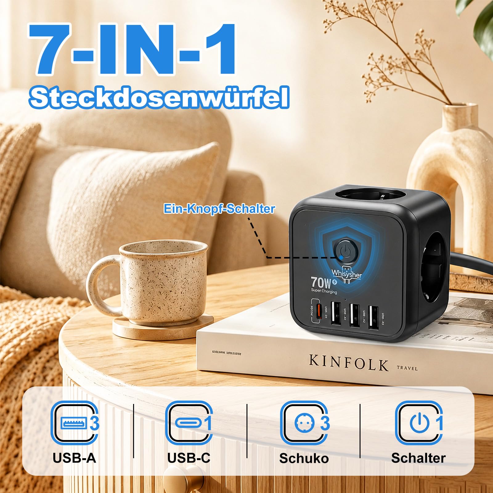 GaN PD70W Bloc multiprise USB C 7 en 1 avec interrupteur
