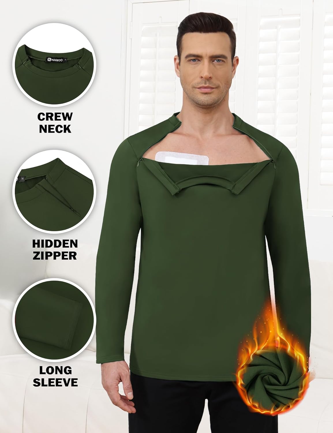 Fleece Lined Unisex Chemo Shirts for Port Access Long Sleeve Shoulder Surgery Zippers Off Shirt Thermal Dialysis Shirt - Image 3