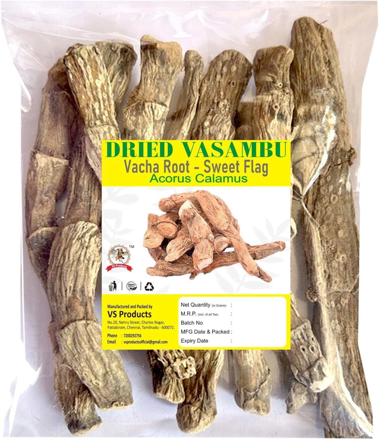 VS Products Dried Vasambu 150g, Vacha Root, Sweet Flag, Acrous Calamus, Vayambu Root (Pack of 1 x 100g, Pack of 1 x 50g)