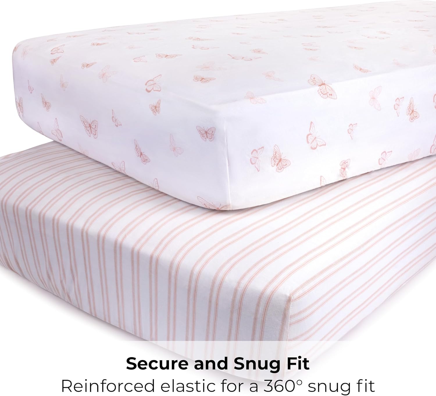 Ely’s & Co. Crib Sheets, Baby Girl Fitted Crib Mattress Sheet Set, 2 Pack, 100% Jersey Knit Cotton, Infant and Toddler Nursery Bedding, Pink Butterfly + Stripes Print, 28” x 52”