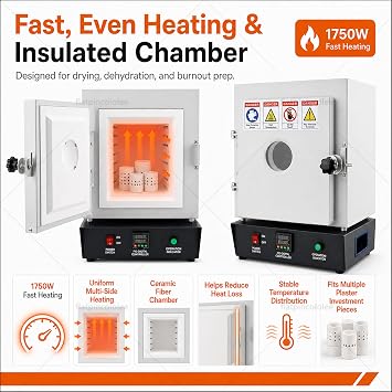 New Model Electric Burnout Oven Kiln, Jewelry Casting Burnout Furnace with Viewing Window, 1150°C PID Control, 1750W Ceramic Fiber Chamber for Plaster Investment Drying and Dewaxing