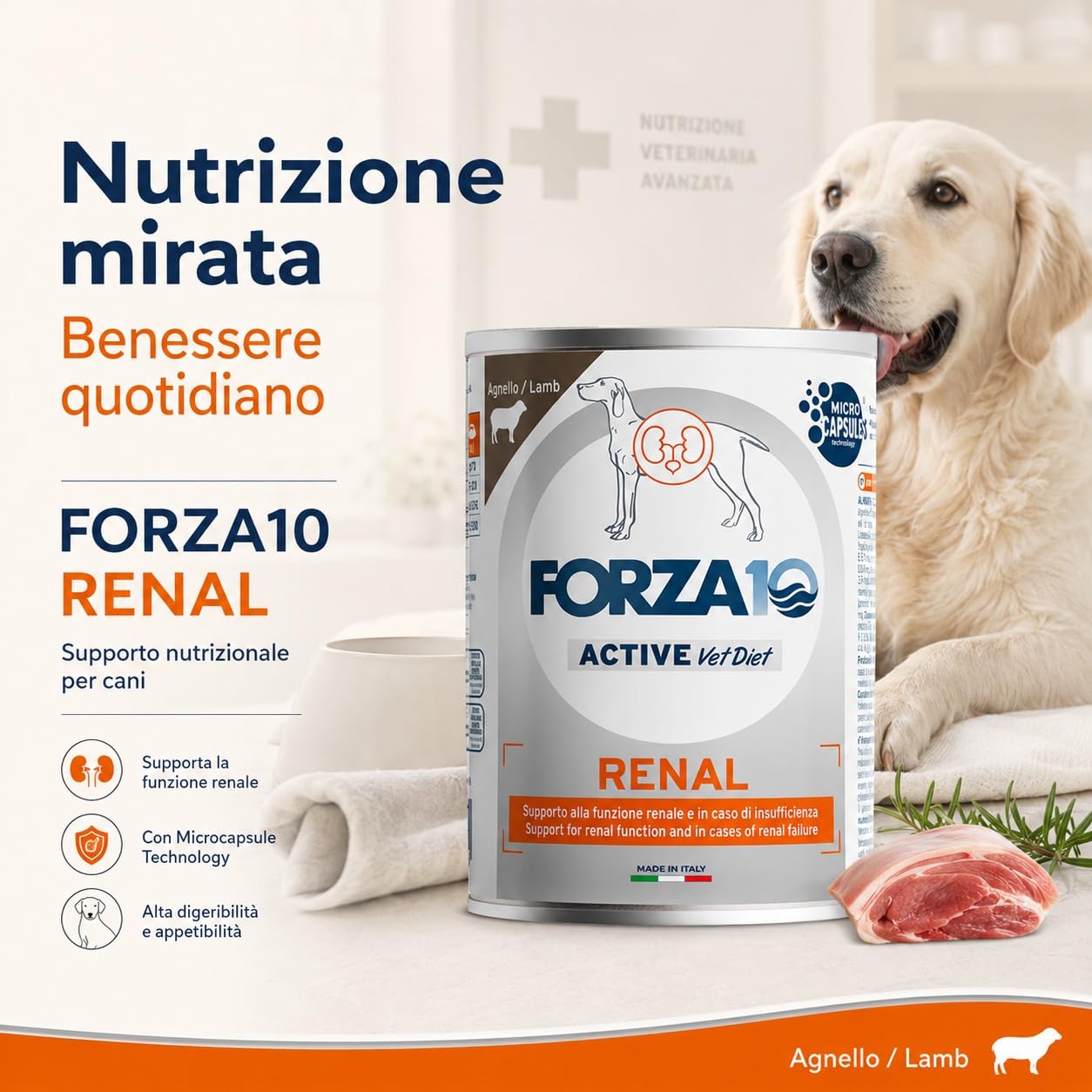 Renal Agnello – Forza10 Diet Cibo Umido per Cani Adulti di tutte le Taglie e Razze, Monoproteico,Supporto alla funzione renale, 6 Lattine x 400g, Alimento Completo.