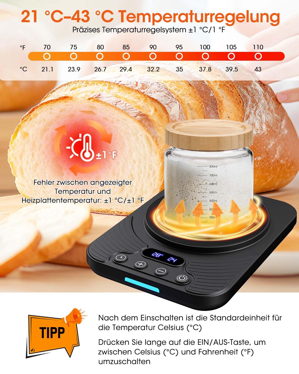 Sauerteigstarterwärmer, Wärmeplatte Präzise 1℃ Thermostat (21-43℃), 24H Timer, Automatische EIN/Aus-Funktion mit Speicher, Wärmegerät Ideal für Brotbacken & Fermentation