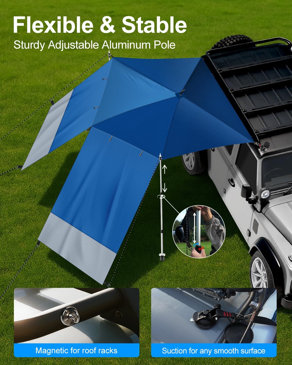 Portable Car Awning for SUV/Truck RV, Shade Waterproof Roof Rack Awning with Side Wall, Heavy Duty Magnets, Suction Cups & Reinforced Poles for Overland, Camping, Beach, Tailgating (Blue)