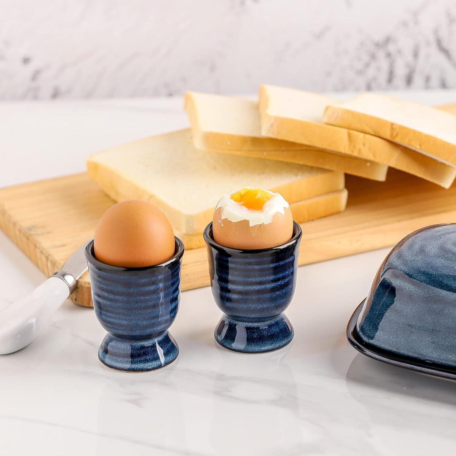 Hasense Ceramic Eggs Cups for Soft Boiled Eggs, Porcelain Egg Stand Holders for Hard Boiled Eggs for Breakfast Kitchen Decorative, Set of 2, Blue