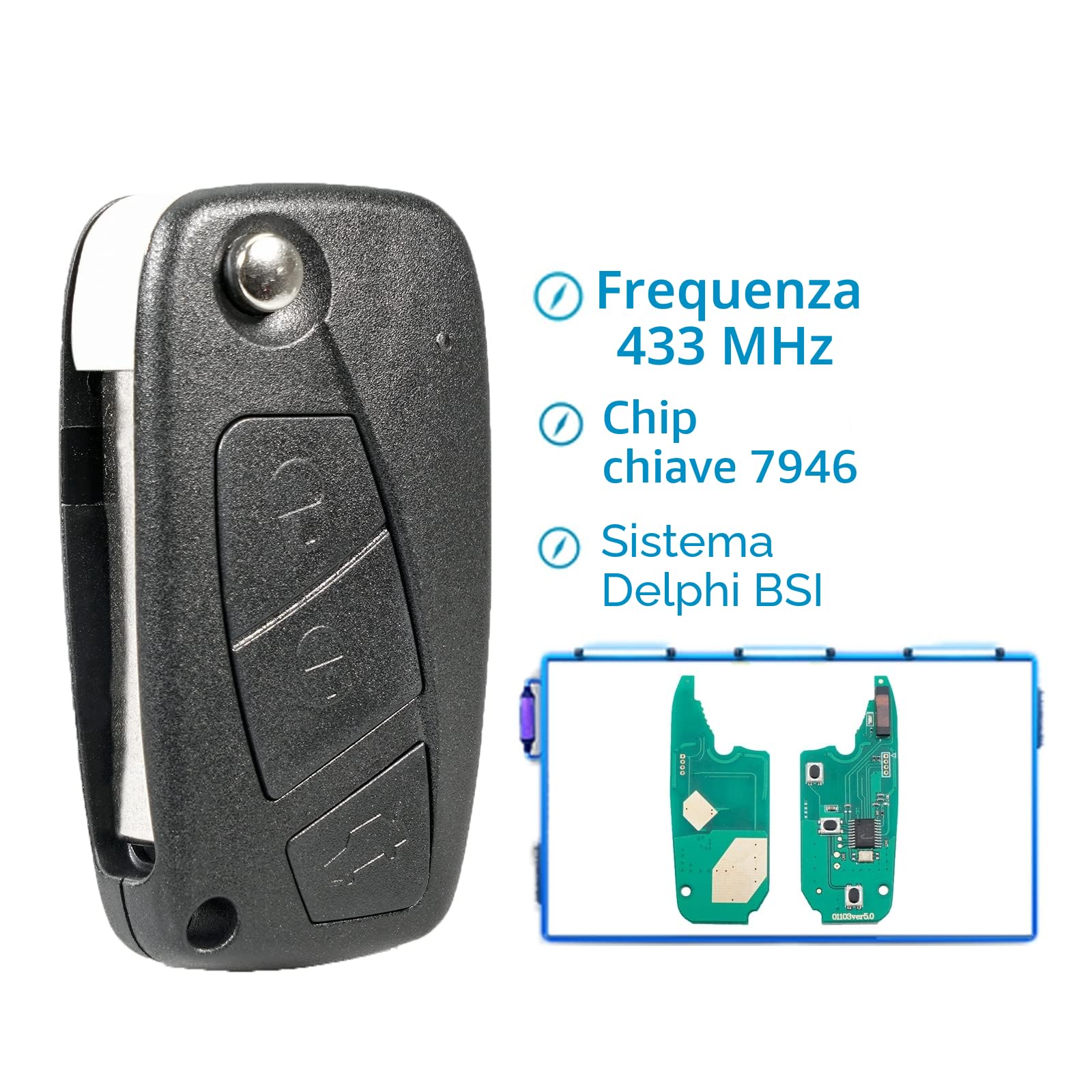 Heart Horse 433Mhz 3 Tasti Ricambio Chiave per Telecomando Auto con ID46 / PCF7946 Chip Compatibile per Fiat Punto Panda 500 Doblo Florino Qubo Grande Evo Guscio con Batteria e Lama (Delphi BSI)